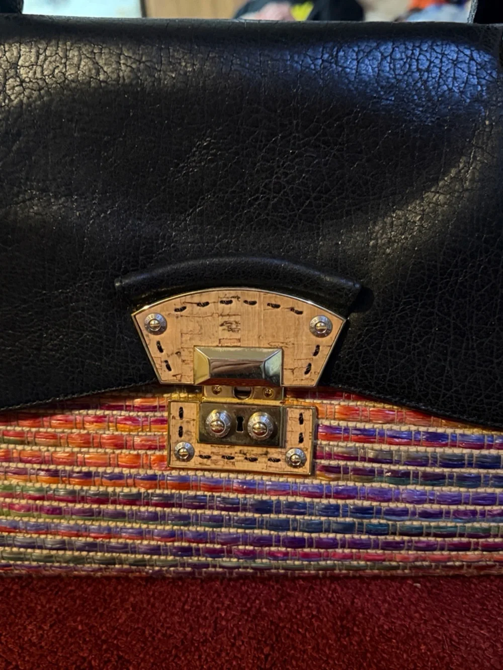 Black Leather Top-Handle Women’s Bag with Multicolor Trim